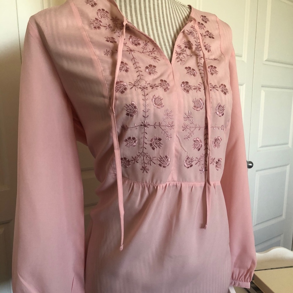 Pink Embroidered Peasant Smocked Top